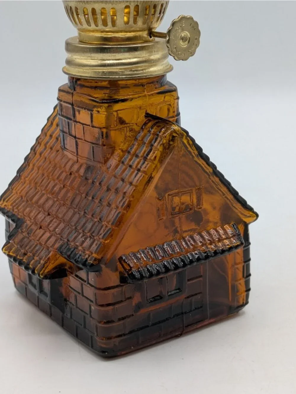 Vintage Cabin Shaped Amber Glass Mini Oil Lamp Lantern Made in Hong Kong 8.5